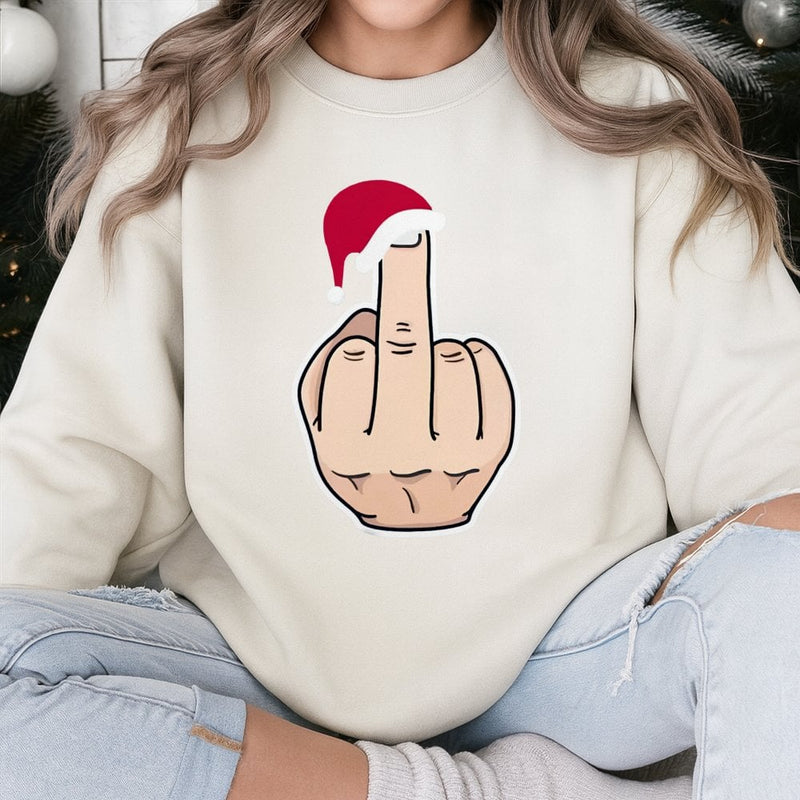 Humorous Sarcastic Christmas Crewneck, Santa Hat Middle Finger Sweatshirt, Rude Holiday Party Pullover, Adult Humor Xmas Gag Sweatshirt