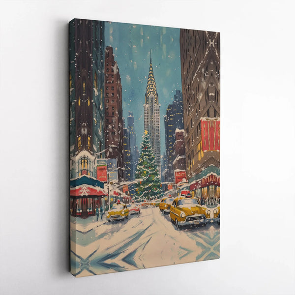 NYC Watercolor Canvas Print, Christmas in New York Canvas Wall Art, Vintage Holiday Cityscape Canvas, Winter City Wall Decor,