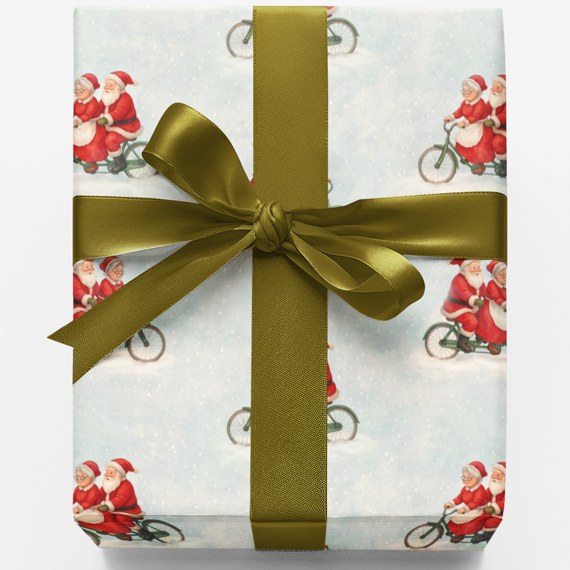 Christmas Cycling Gift Wrap, Santa and Mrs Claus Wrapping Paper, Whimsical Holiday Wrapping Paper, Festive Xmas Gift Wrap Roll, Winter Wrap