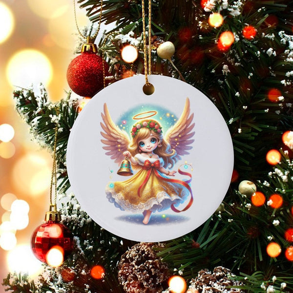 Floral Halo Bell Ceramic Ornament, Adorable Angel Christmas Ornament, Festive Holiday Angel Ornament, Angelic Tree Hanging De
