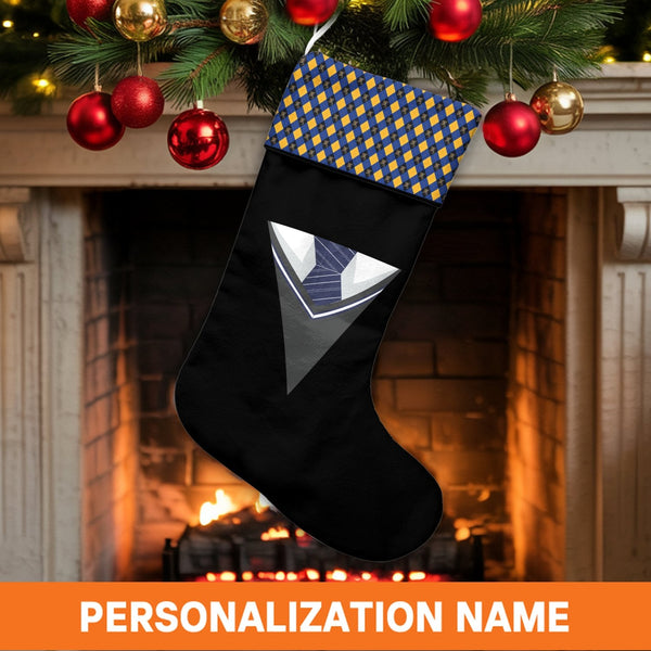 Gold and Blue Pattern Stocking, Abstract V Tie Christmas Stocking, Personalized Christmas Stocking, Modern Holiday Mantle Dec