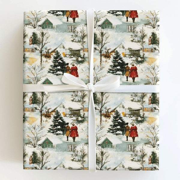 Reindeer Cabin Winter Gift Wrap, Vintage Snowy Village Christmas Wrapping Paper, Watercolor Town Holiday Wrapping Paper, Retr