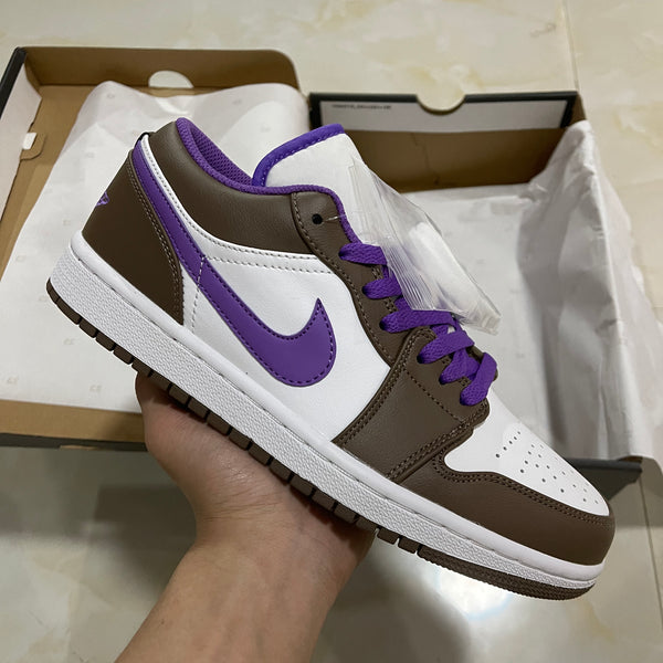 Low Top Sneakers, White Purple Brown Colorway, Lace Up Design, Casual Gift for Sneaker Fans