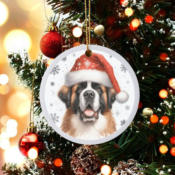 Dog in Santa Hat Ceramic Ornament, Saint Bernard Christmas Ornament, Snowy Winter Holiday Tree Keepsake, Giant Breed Dog Love