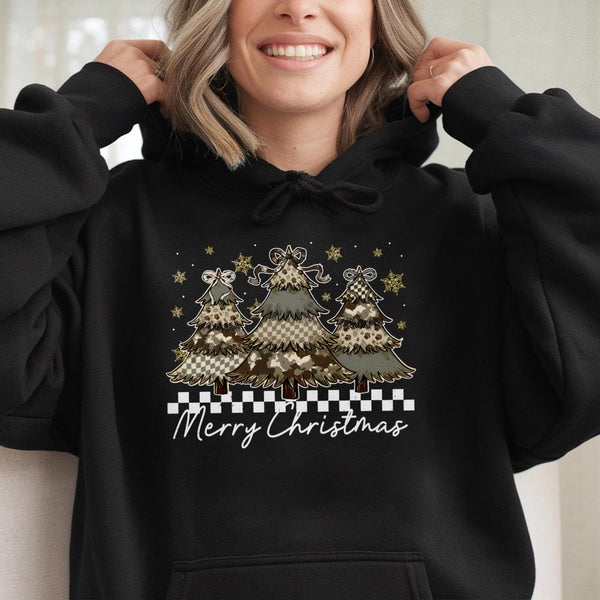 Merry Christmas Tree Hoodie, Camo Checkered Christmas Tree Hoodie, Western Aesthetic Holiday Sweatshirt, Trendy Xmas Tree Pul