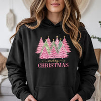 Aesthetic Pine Trees Hooded Sweatshirt, Pink Christmas Tree Hoodie, Adorable Pink Holiday Tree Hoodie, Festive Tree Pullover, Xmas Present for Her