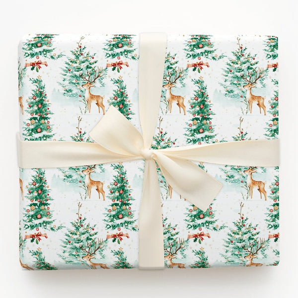 Snowy Forest Christmas Wrapping Paper, Watercolor Reindeer Wrapping Paper, Winter Tree Gift Wrap, Holiday Present Wrapping Pa