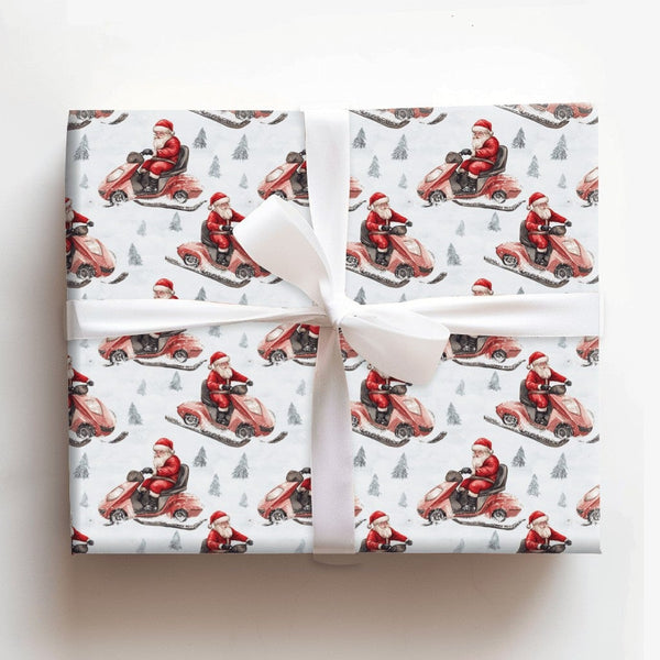 Watercolor Snowmobile Gift Wrap, Santa Snowmobile Christmas Wrapping Paper, Santa Claus Holiday Wrapping Paper, Festive Gift 