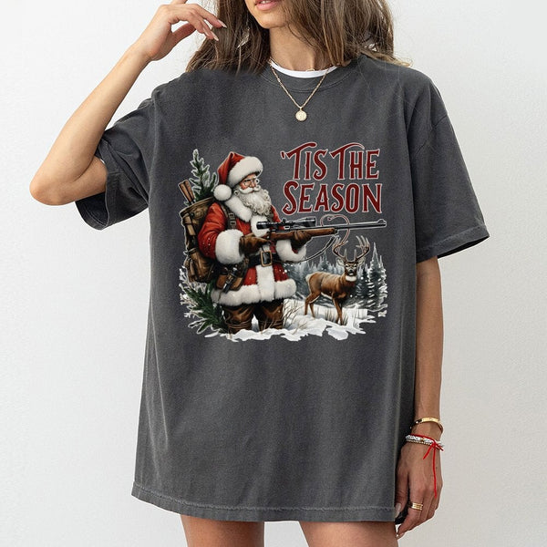 Humorous Deer Hunter Christmas T-Shirt, Tis the Season Santa Hunting Shirt, Outdoorsman Graphic Tee, Retro Santa Hunter Holid