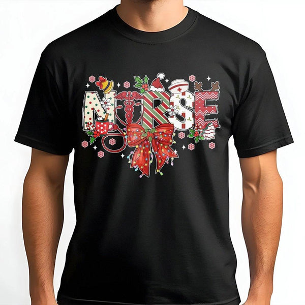 Festive Stethoscope Holiday Tee, Christmas Nurse T-Shirt, Adorable Nursing Student Shirt, Medical Crewneck Graphic Tee, Xmas 