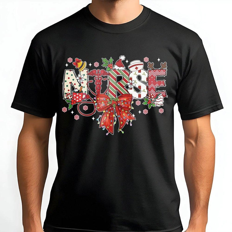 Festive Stethoscope Holiday Tee, Christmas Nurse T-Shirt, Adorable Nursing Student Shirt, Medical Crewneck Graphic Tee, Xmas RN Present for Women