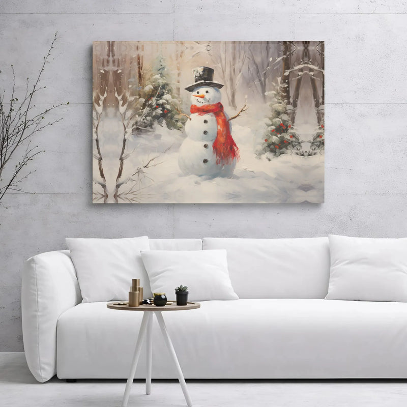 Red Scarf Forest Scene Print, Winter Snowman Canvas Wall Art, Christmas Holiday Canvas Wall Decor, Printable Digital Download Artwork