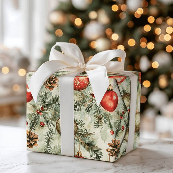 Pinecone and Berry Gift Wrap, Watercolor Ornament Christmas Wrapping Paper, Vintage Holiday Wrapping Paper, Rustic Pine Gift 
