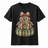 Festive Librarian Reading Graphic Tee, Christmas Book Tree T-Shirt, Book Lover Holiday Shirt, Adorable Reader Teacher Christmas T-Shirt
