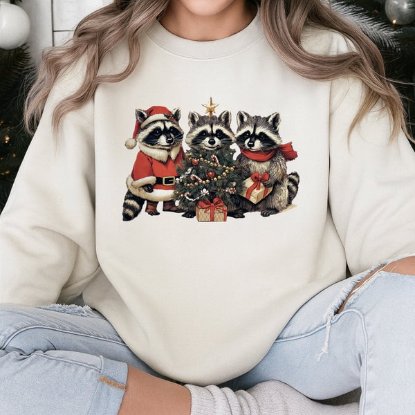 Festive Woodland Animal Holiday Sweater, Adorable Raccoon Christmas Sweatshirt, Comfy Trash Panda Xmas Pullover, Retro Winter