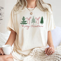 Minimalist Holiday Graphic Tee, Merry Christmas Tree and Bow T-Shirt, Coquette Christmas Bow Shirt, Adorable Festive Xmas Top for Women