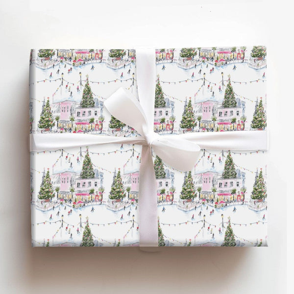 Watercolor Ice Skating Rink Gift Wrap, Christmas Village Wrapping Paper, Winter Wonderland Wrapping Paper Roll, Holiday Prese