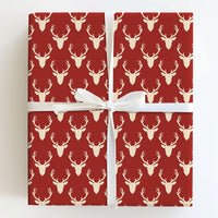 Rustic Cream Antler Holiday Gift Wrap, Red Stag Deer Wrapping Paper, Woodland Buck Christmas Present Paper, Cabin Christmas Wrapping Paper