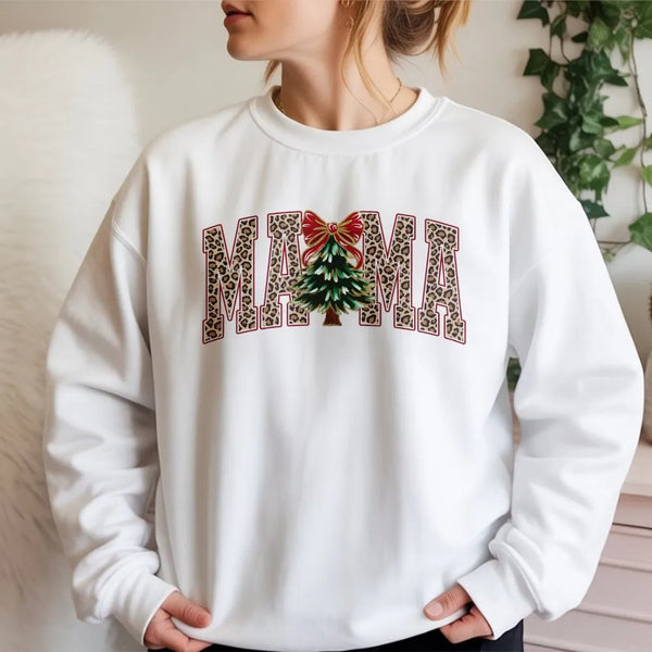 Christmas Tree Bow Sweatshirt, Mama Leopard Print Sweatshirt, Mama Christmas Sweatshirt, Holiday Graphic Crewneck, Xmas Prese