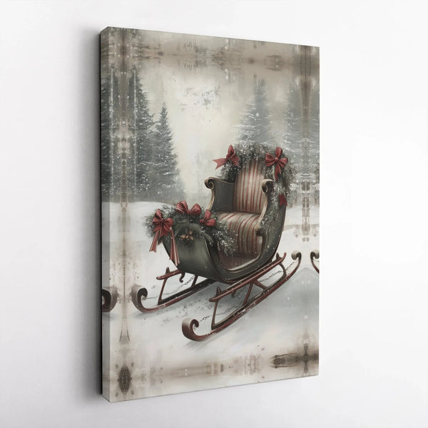 Snowy Forest Holiday Poster, Vintage Christmas Sleigh Wall Art, Winter Sled Landscape Art Print, Festive Digital Download Pre