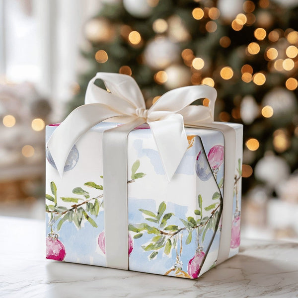 Hanging Bauble Holiday Gift Wrap, Watercolor Christmas Ornament Wrapping Paper, Winter Branch Present Paper, Festive Xmas Wra