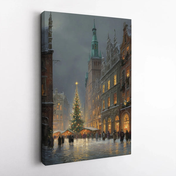 Snowy Old Town Square Canvas, European Christmas Market Canvas Art, Festive Winter Cityscape Wall Art, Christmas Market Canva