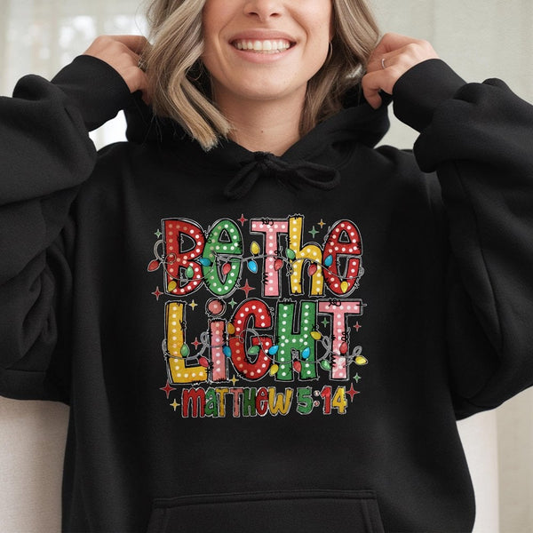 Christmas Lights Faith Sweatshirt, Be the Light Matthew 5:14 Hoodie, Christian Bible Verse Graphic Hoodie, Holiday Hooded Swe