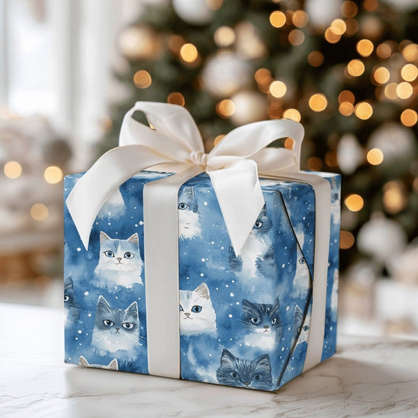Snowy Blue Kitten Holiday Gift Wrap, Watercolor Winter Cat Wrapping Paper, Adorable Pet Lover Wrapping Paper, Comfy Christmas