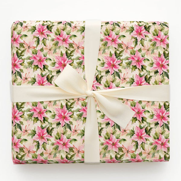 Watercolor Christmas Wrapping Paper, Pink Poinsettia Wrapping Paper, Floral Holiday Gift Wrap, Winter Botanical Paper, Elegan