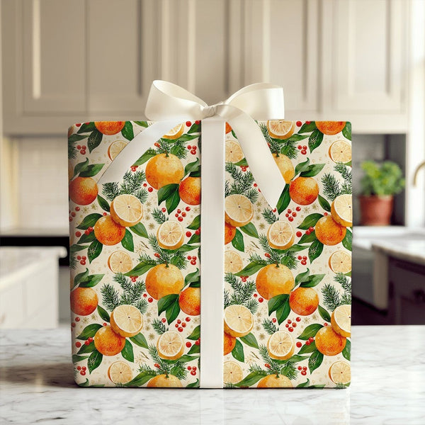 Watercolor Orange Christmas Wrapping Paper, Citrus and Pine Bough Wrapping Paper, Botanical Holiday Wrapping Paper, Winter Be