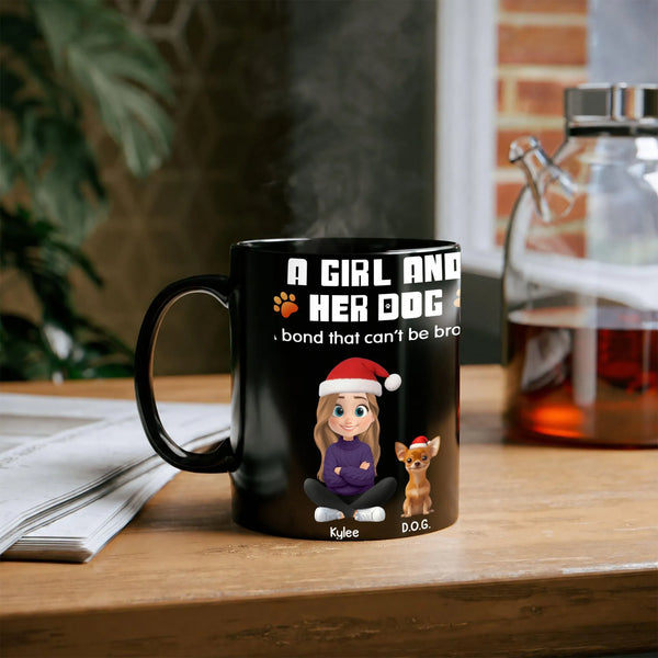 Santa Hat Puppy Cartoon Coffee Mug, A Girl and Her Dog Christmas Mug, Adorable Dog Mom Holiday Ceramic Cup, Winter Pet Lover 