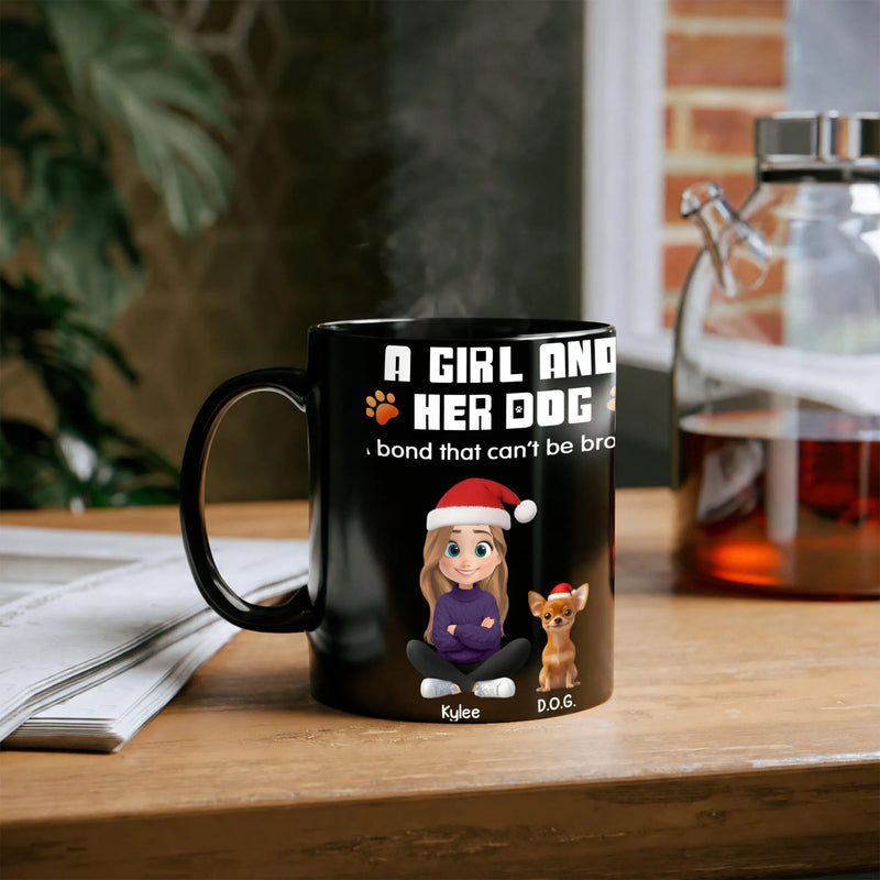 Santa Hat Puppy Cartoon Coffee Mug, A Girl and Her Dog Christmas Mug, Adorable Dog Mom Holiday Ceramic Cup, Winter Pet Lover Present Mug