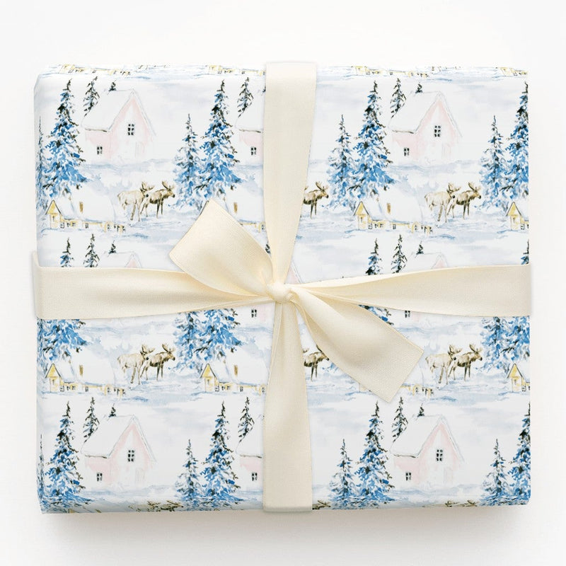 Snowy Cabin Wrapping Paper, Watercolor Moose Gift Wrap, Winter Wildlife Gift Wrapping Paper, Rustic Holiday Present Wrap, Christmas Paper