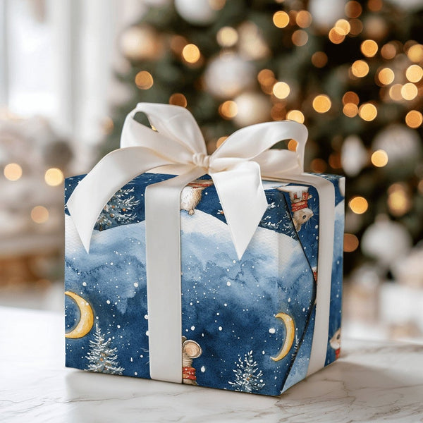 Adorable Scarf Mouse Gift Wrap, Winter Mouse Christmas Wrapping Paper, Watercolor Holiday Wrapping Paper, Snowy Night Animal 