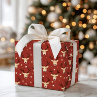 Cartoon Deer Holiday Gift Wrap, Adorable Reindeer Wrapping Paper, Red Christmas Wrapping Paper, Festive Star Gift Wrap Roll, Xmas Present Paper