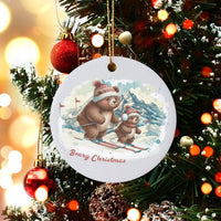 Parent and Baby Bear Tree Ornament, Beary Christmas Skiing Bear Ornament, Adorable Winter Animal Ceramic Ornament, Family Holiday Keepsake Present