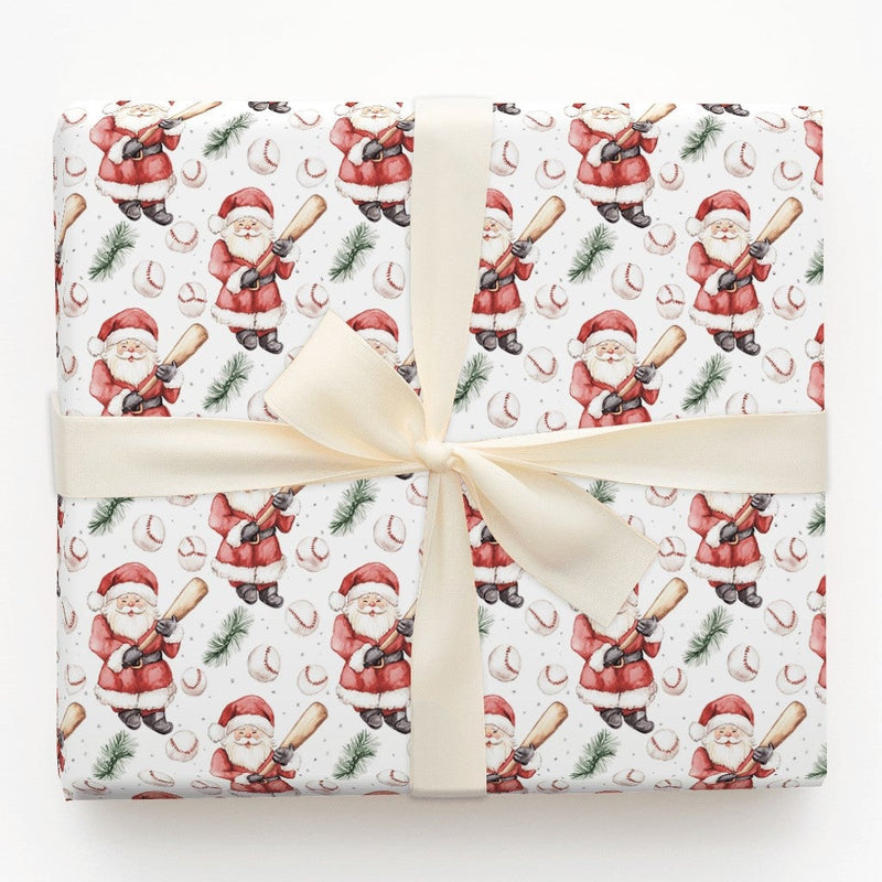 Watercolor Christmas Gift Wrap, Baseball Bat Santa Wrapping Paper, Holiday Sports Fan Wrapping Paper, Pine Sprig Baseball Gift Wrap Roll