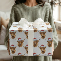 Santa Hat Cow Gift Wrap, Christmas Highland Cow Wrapping Paper, Watercolor Snowflake Wrapping Paper, Rustic Farmhouse Holiday Gift Wrap Roll