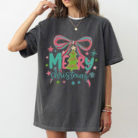 Pastel Bow and Holiday Tree Shirt, Merry Christmas T-Shirt, Adorable Coquette Xmas Graphic Tee, Festive Holiday Tree T-Shirt, Present for Her
