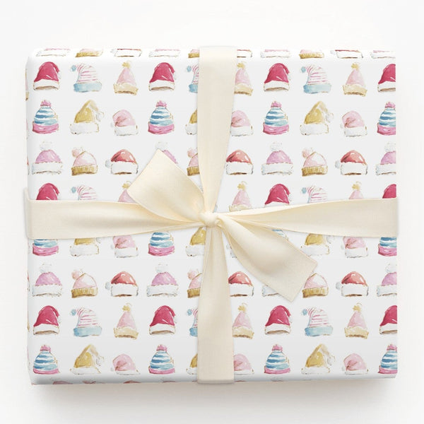 Pastel Santa Beanie Christmas Wrapping Paper, Watercolor Winter Hat Wrapping Paper, Comfy Holiday Wrapping Paper Roll, Festiv