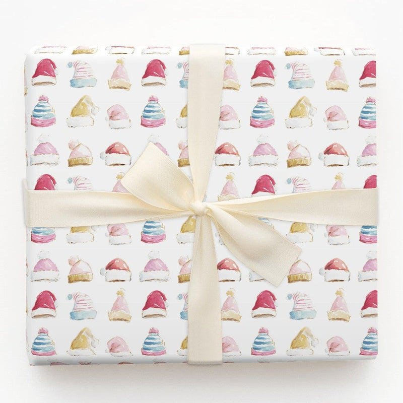 Pastel Santa Beanie Christmas Wrapping Paper, Watercolor Winter Hat Wrapping Paper, Comfy Holiday Wrapping Paper Roll, Festive Gift Wrap