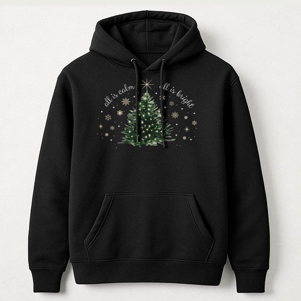 Minimalist Christmas Tree Hooded Sweatshirt, All Is Calm All Is Bright Hoodie, Comfy Holiday Pullover, Winter Graphic Hoodie 