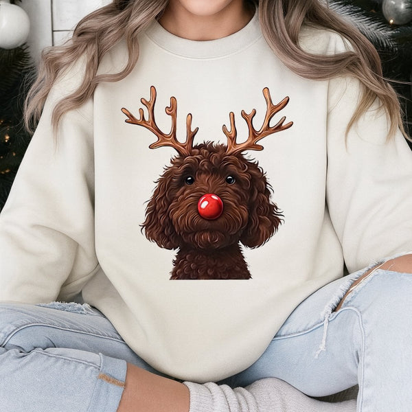 Humorous Christmas Dog Crewneck, Chocolate Doodle Reindeer Sweatshirt, Goldendoodle Holiday Pullover, Pet Lover Xmas Sweater,