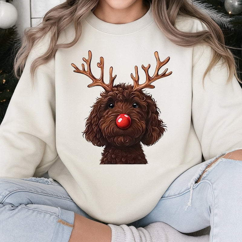 Humorous Christmas Dog Crewneck, Chocolate Doodle Reindeer Sweatshirt, Goldendoodle Holiday Pullover, Pet Lover Xmas Sweater, Dog Mom Present