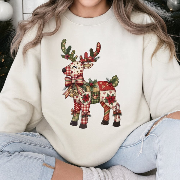 Floral Reindeer Shirt, Patchwork Reindeer Sweatshirt, Festive Christmas Reindeer Sweater, Comfy Holiday Crewneck Sweatshirt, 