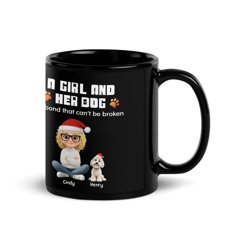 Personalized Holiday Pet Lover Mug, A Girl and Her Dog Ceramic Mug, Custom Cartoon Puppy Coffee Cup, Winter Christmas Present for Dog Mom