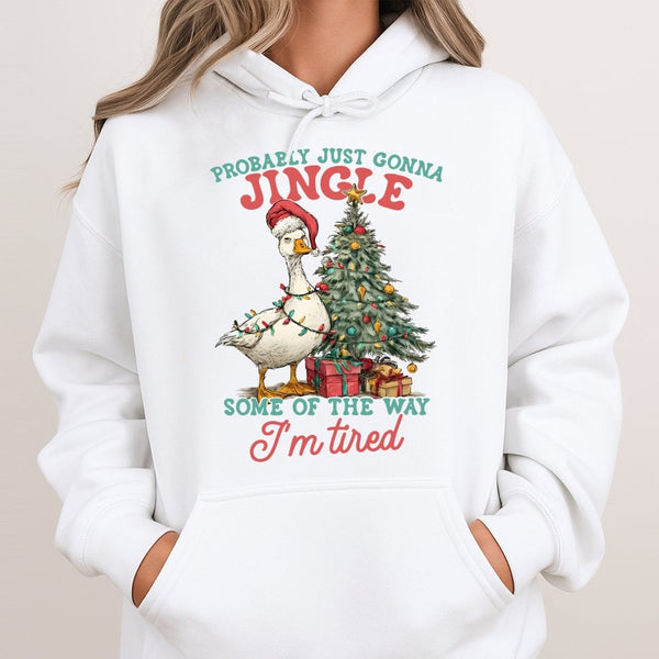 Jingle Tired Christmas Hoodie, Humorous Christmas Goose Hoodie, Sarcastic Holiday Hooded Sweatshirt, Adorable Christmas Goose