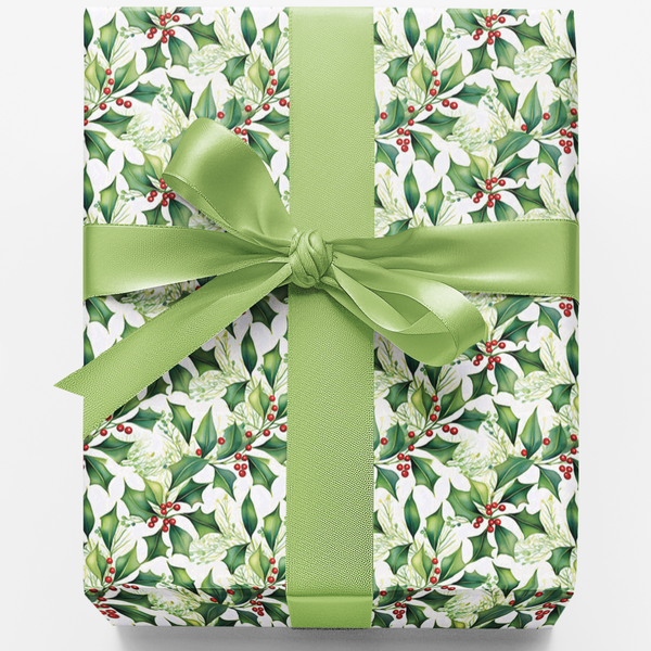 Botanical Holiday Gift Wrap, Christmas Holly Wrapping Paper, Winter Berry Wrapping Paper, Festive Xmas Gift Wrap Roll