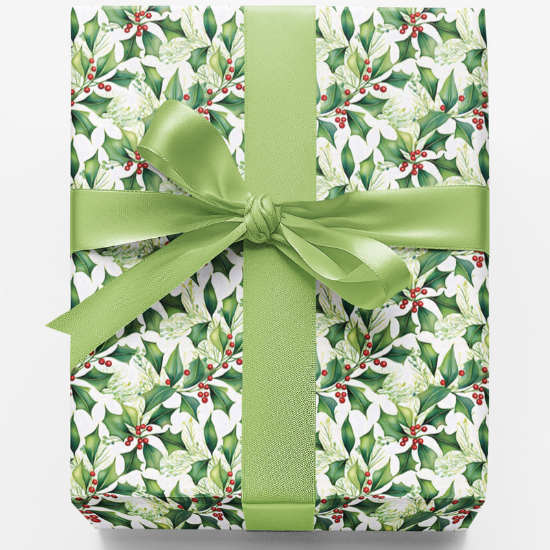 Botanical Holiday Gift Wrap, Christmas Holly Wrapping Paper, Winter Berry Wrapping Paper, Festive Xmas Gift Wrap Roll