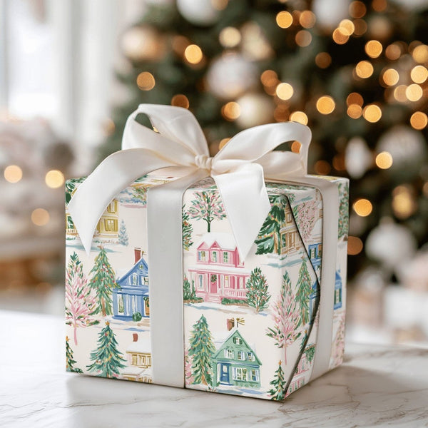 Winter Village Holiday Gift Wrap, Watercolor Christmas Wrapping Paper, Festive Xmas Gift Wrap Paper, Seasonal Present Wrappin